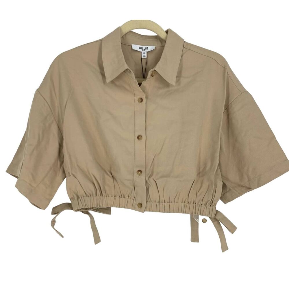 Billie the Label Imogene Crop Top Linen Blend Khaki Medium‎ Collar Button Tencel
